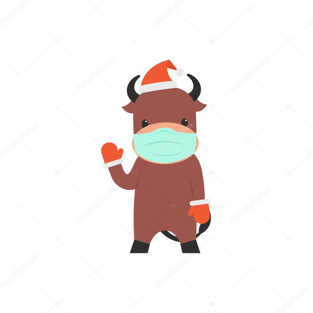 Character bull in christmas hat, gloves and face mask waving hoof. Flat vector cartoon illustration.