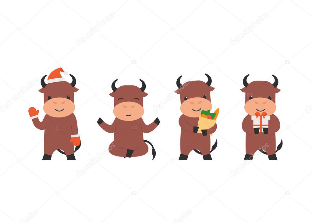 Happy cute character bull waving hoof, doing yoga pose, holds present gift and shopping bag. Flat vector cartoon illustration.