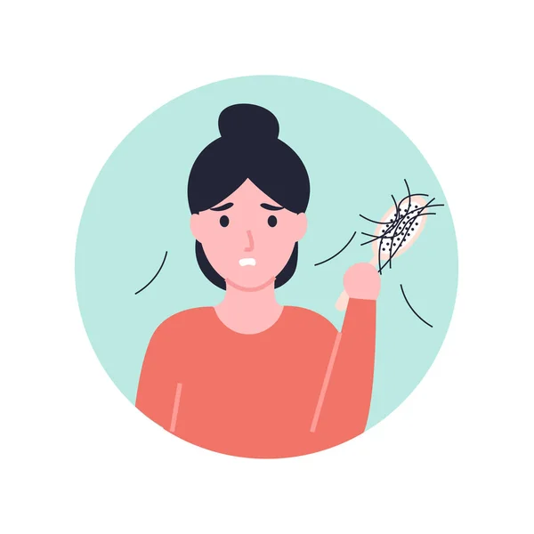 Mujer Triste Sosteniendo Peine Mirando Pérdida Cabello Ilustración Dibujos Animados — Vector de stock