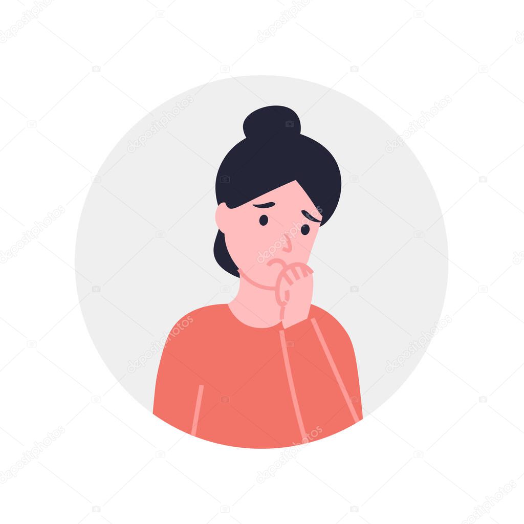 Sad depression girl in icon. Flat vector cartoon illustration.