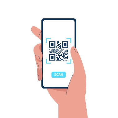 Elinde telefon olan bir adam QR kodunu tarıyor. Barkod tarayıcı teknolojisi. Düz vektör karikatür çizimi.