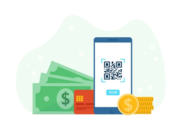 Concept Phone Scan Code Dinheiro Cartão Crédito Moedas Tecnologia Scanner — Vetor de Stock