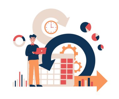 Scrum sembolü, dizüstü bilgisayarı olan adam. Web pankartı, poster, şablon için düz vektör modern illüstrasyon.