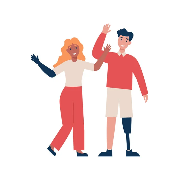 幸せな障害のある夫婦の男性と女性の手を振る 現代の義肢と脚を持つ人々 フラットベクトル漫画イラスト — ストックベクタ
