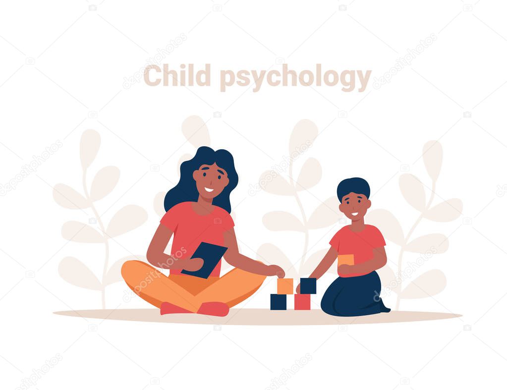Psychotherapy session. Consulting psychology concept. Woman psychologist and child patient, society psychiatry flat vector illustration.