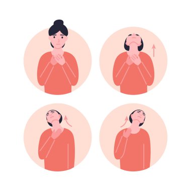 Yüz geliştirme, yüz geliştirme ya da iki çeneden kurtulmak için yoga kafa sallama egzersizleri, baş eğme. Düz vektör karikatür modern illüstrasyon. Bilgisel.