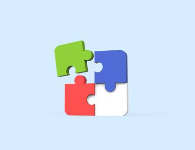 İş sembolü. Yapboz ögelerinin parçaları bağlanıyor 3B render model simgesi izole edilmiş mavi arkaplan.