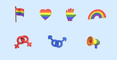Set rainbow LGBT 3D icons isolated blue background. clipart