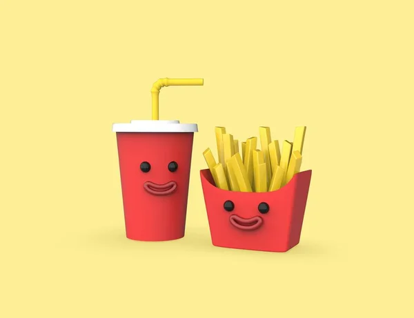 Happy Roztomilé Usmívající Postavy Cola Hranolky Fast Food Vykreslení Design — Stock fotografie