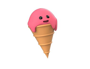 Ice cream strawberry, raspberry or watermelon in a waffle cone cup. 3D render cute happy smiling character model isolated white background.
