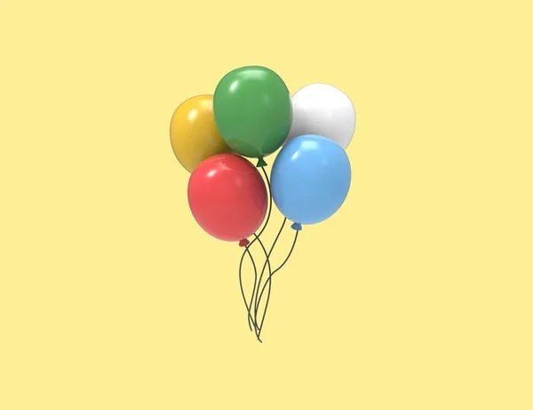 Fem Färgglada Luftballonger Isolerad Gul Bakgrund Renderingsdesign — Stockfoto