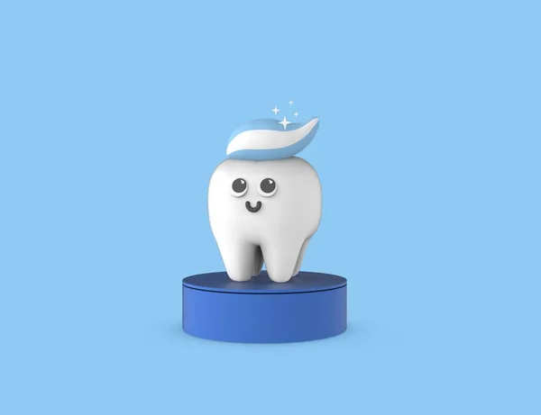 Счастливый Милый Мультяшный Зуб Зубной Пастой Рендеринг Модели Изолированный Синий — стоковое фото