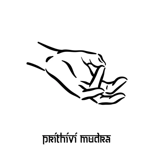 Prithivi mudra. Hand spirituality hindu yoga of fingers gesture. Technique of meditation for mental health. — Stock Vector