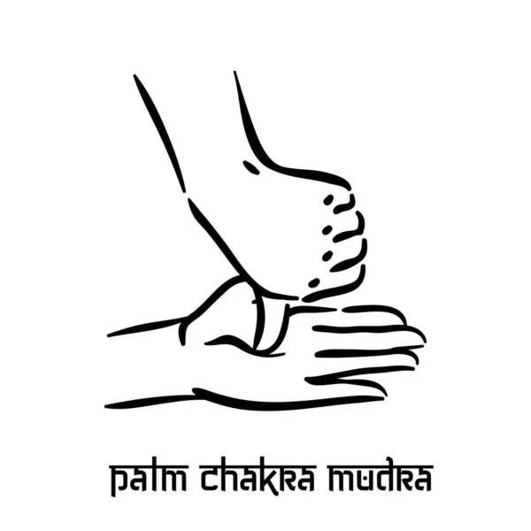 Palm čakra mudra. Ruční spiritualita hinduistická jóga pohybů prstů. Technika meditace pro duševní zdraví. — Stockový vektor