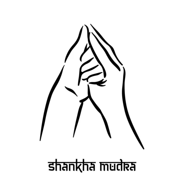 Šankha mudra. Ruční spiritualita hinduistická jóga pohybů prstů. Technika meditace pro duševní zdraví. — Stockový vektor