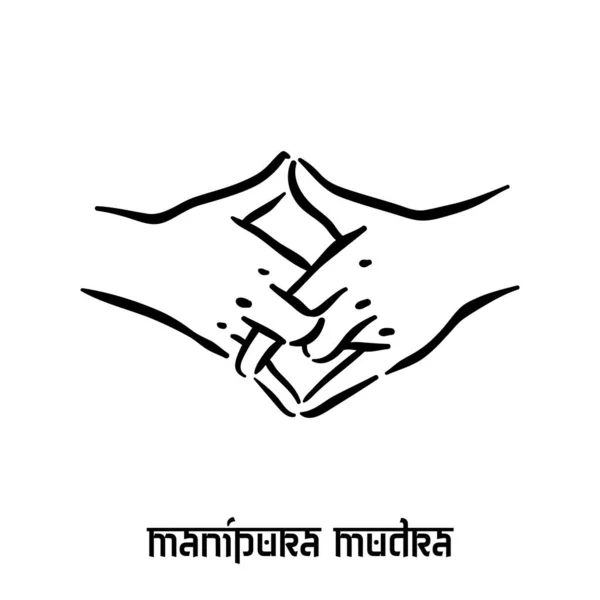 Manipura mudra. Ruční spiritualita hinduistická jóga pohybů prstů. Technika meditace pro duševní zdraví. — Stockový vektor