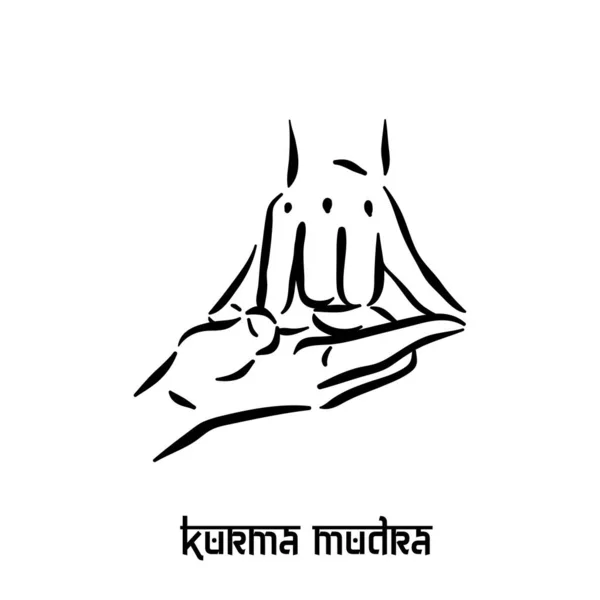 Kurma mudra. Hand spirituality hindu yoga of fingers gesture. Technique of meditation for mental health. — Stock Vector