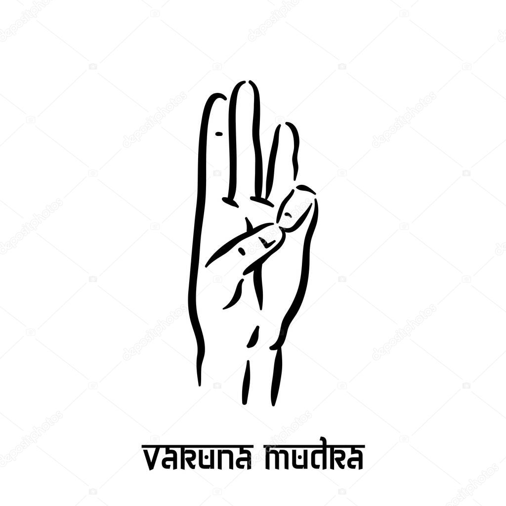 Varuna mudra. Hand spirituality hindu yoga of fingers gesture. Technique of meditation for mental health.