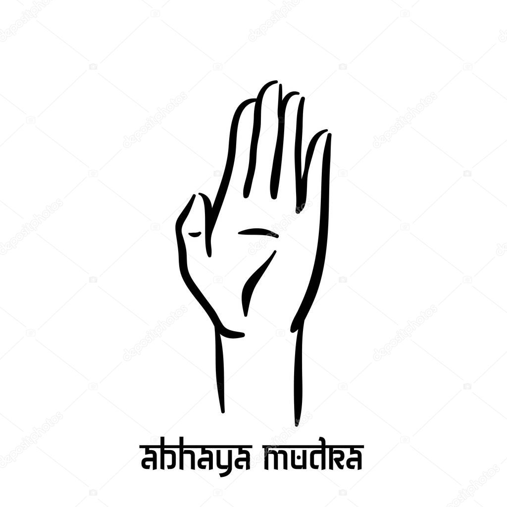 Abhaya mudra. Hand spirituality hindu yoga of fingers gesture. Technique of meditation for mental health.