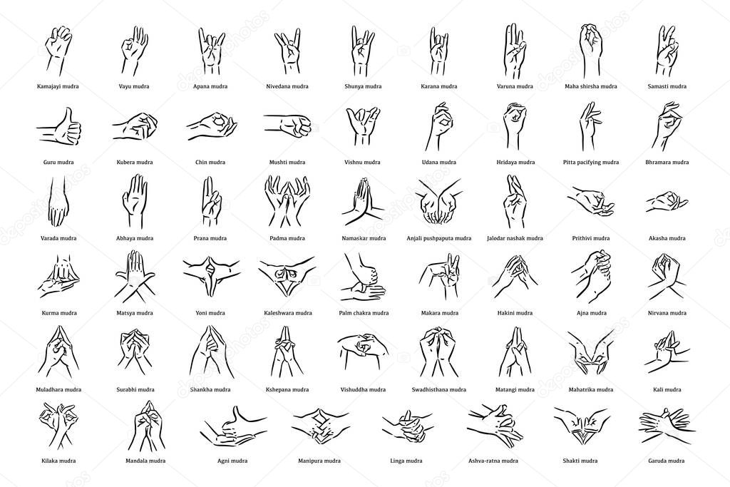 Mudras icon set. Hand spirituality hindu yoga of fingers gesture. Technique of meditation for mental health.