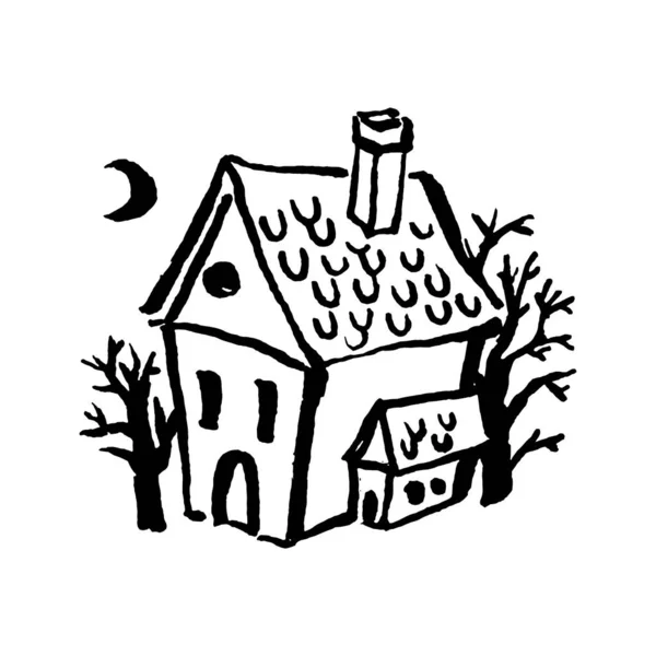 Мистическая магия, нарисованная иконкой дома ведьмы — стоковый вектор