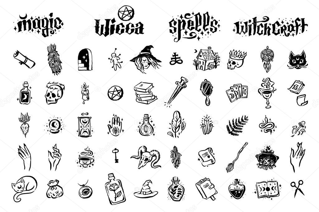 Mysticism witchcraft occult hand drawn icon illustration set. Vector