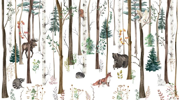 Children\'s wallpaper. Watercolor forest with animals.