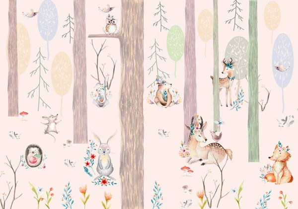 Childrens wallpaper, watercolor forest with animals