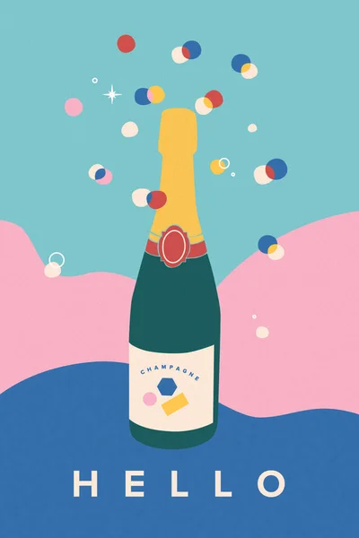Bottiglia Champagne Con Fiocchi Fuochi Artificio Colorati Sullo Sfondo Astratto — Vettoriale Stock