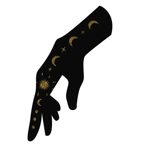 female hand with golden tattoo, Celestial hand with moon