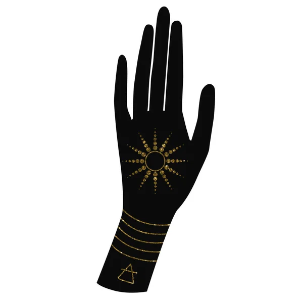 Ręka Żeńska Złotym Tatuażem Ręka Niebieska Magicznymi Elementami — Zdjęcie stockowe
