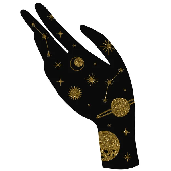 Kvinnlig Hand Med Gyllene Tatuering Himmelsk Hand Med Magiska Inslag — Stockfoto