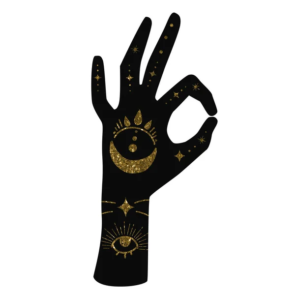 Женская Рука Золотой Татуировкой Небесная Рука Волшебными Элементами — стоковое фото