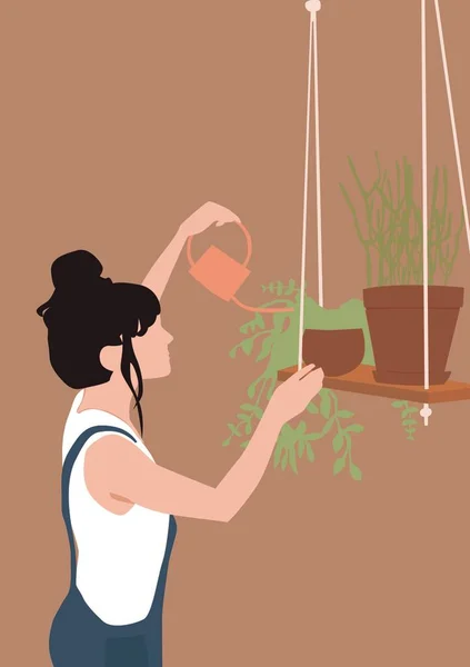 illustration of a girl shedding indoor flowers