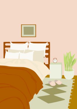 Yatak odasının, yatağın ve komodinin çizimi.