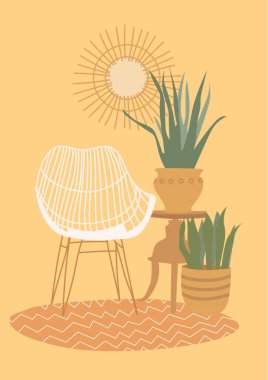 Ev bitkileri ve bambu sandalyeli köşenin çizimi