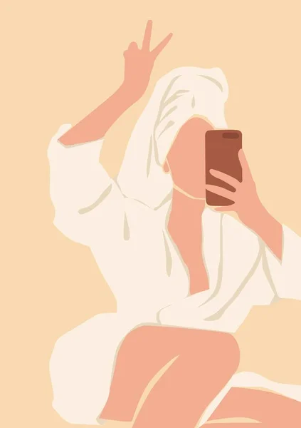 Ilustração Menina Roupão Banho Uma Toalha Leva Uma Selfie — Fotografia de Stock