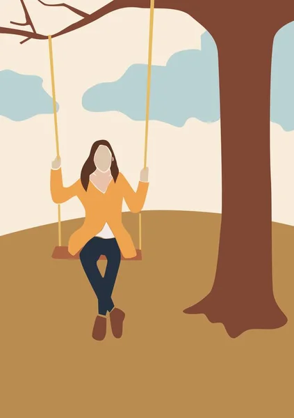 Ilustração Menina Balançando Balanço Por Uma Árvore — Fotografia de Stock