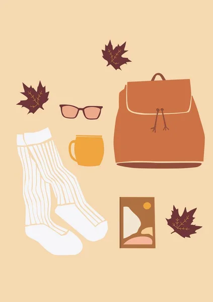Abbildung Weißer Socken Brauner Rucksack Tasse Und Sonnenbrille — Stockfoto