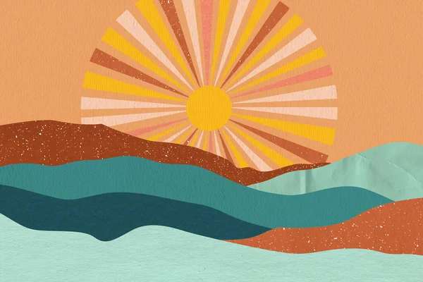 Abstract Landschap Achtergrond Met Zon Zee Kleurrijke Papier Gesneden Stijl — Stockfoto