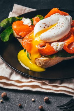 Somonlu sandviç, peynir, otlar ve haşlanmış yumurta..