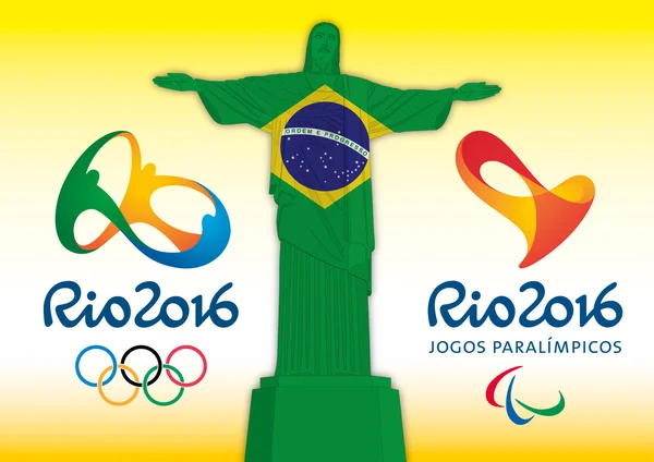 RIO DE JANEIRO - BRAZIL - ELOKUU 2016 - Kristus lunastaja ja brasilian lippu virallisilla olympialaisissa logo — vektorikuva