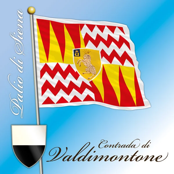Valdimontone コントラーダ、トスカーナのシエナ - イタリア - 2016 年 7 月 - シエナのパリオ旗 — ストックベクタ
