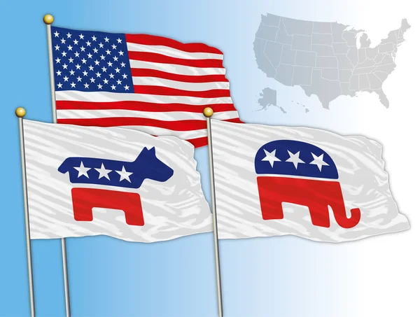 ÉTATS-UNIS - ANNÉE 2016 - Drapeaux avec des symboles du démocrate et républicain, élections présidentielles américaines 2016 — Image vectorielle