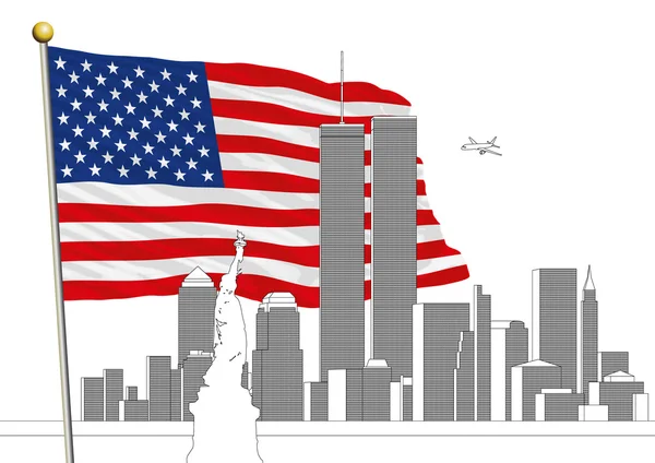 WTC, Tours Jumelles et drapeau américain, onze mémorial de septembre — Image vectorielle