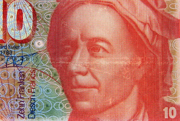 1976 1995年10法郎瑞士中央银行钞票肖像细节 天文学家欧拉肖像 — 图库照片