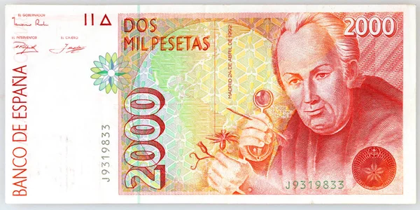 Bank Spain 1992 2000 Pesetas Banknote Celestino Mutis Vintage Collectible — Stock Photo, Image