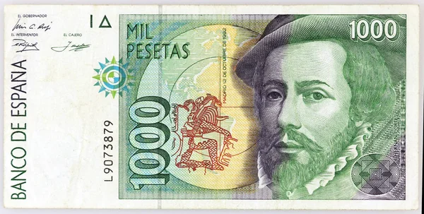 Bank Spain 1992 1000 Pesetas Banknote Hernan Cortes Vintage Collectible — Stock Photo, Image