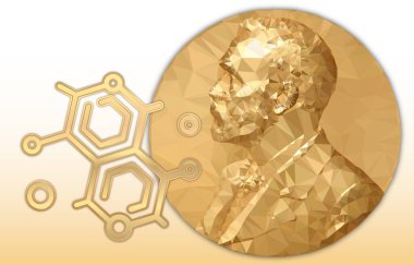 Nobel Kimya Ödülü, altın çokgen madalya ve kimyasal sembol, vektör illüstrasyonu