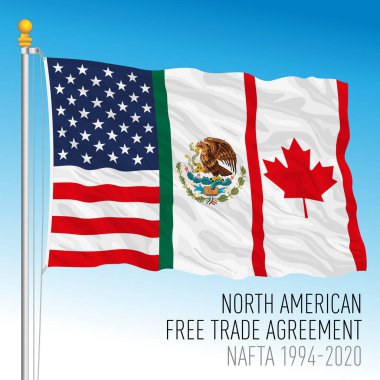 NAFTA, Kuzey Amerika Serbest Ticaret Anlaşması bayrağı, ABD, Meksika, Kanada, vektör illüstrasyonu